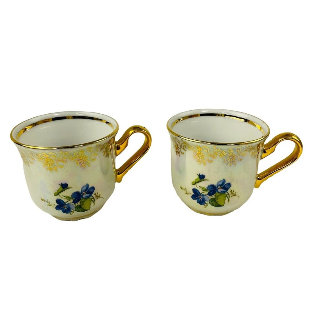Czech Republic Carlsbad  Tea Cups Set 2 Handmade Gold Gilt Mother of Pearl U